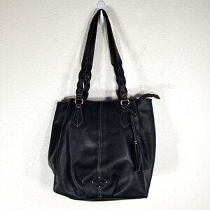 St. Johns Bay Black Faux Leather Tote Bag With Braided Handles & Tassel Accent